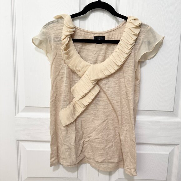 Women Deletta Anthropologie Ruffle Short Sleeve Blouse in Cream Size Large - Picture 1 of 6